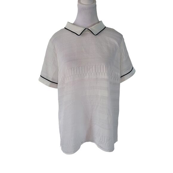 Modcloth Size L Logical & Lovely Collared Top White Black Piping Sheer Collared - Picture 3 of 11
